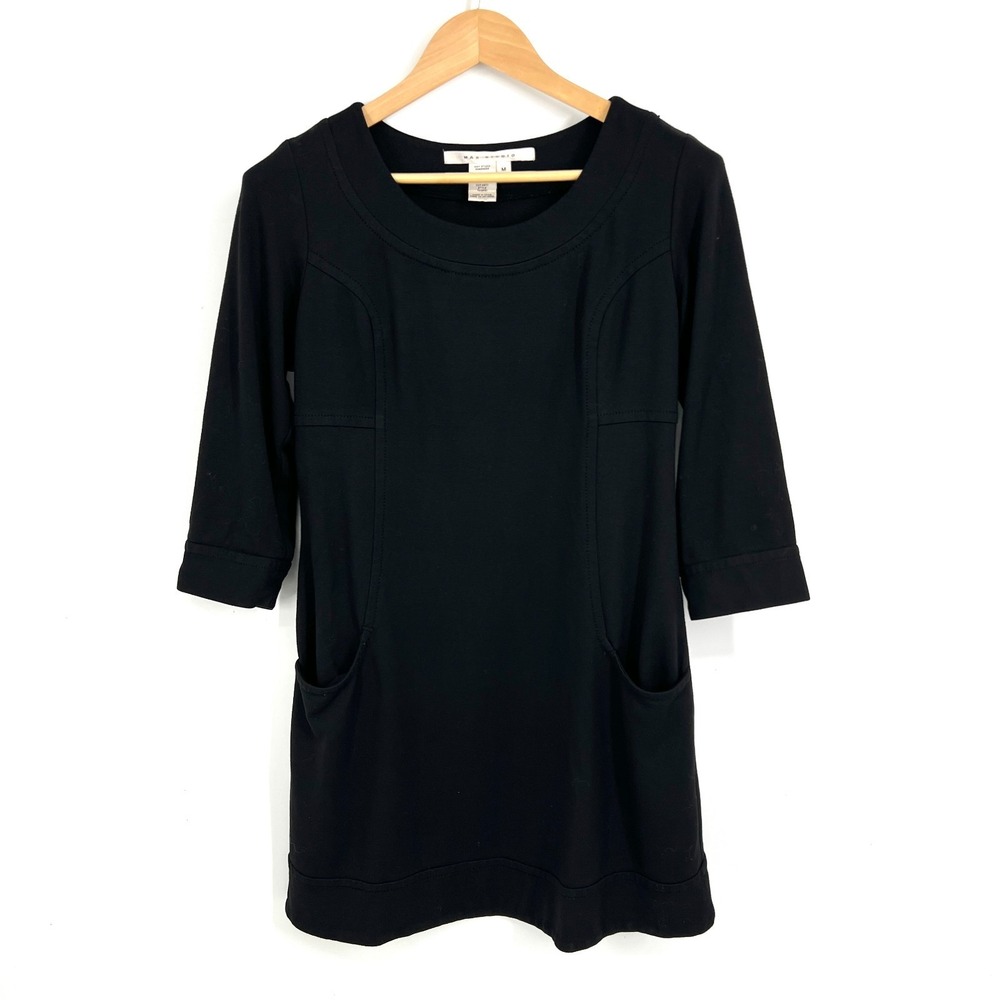Max Studio 3/4 Sleeve‎ Shift Mini Dress Womens Size M Black Stretch Pockets